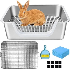 Stainless Steel Sifting Rabbit Litter Box Chew-Proof Bunny Litter Pan with Widened Grid & High Back Wall Small Pet Toilet with Pads Litter Scoop & mini Broom Dustpan for Guinea Pigs Ferrets