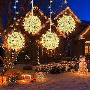 Outdoor Christmas Balls Lights 4 Pack Hanging 7.1" LED Garden Sphere Tree Lights 8 Modes Waterproof Glow Globe Lights with Memory Timer Plug for Party Yard Porch Eave Patio Xmas Decorations-Warm White