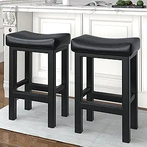 Bar Stools Set of 2, 24 Inch Counter Height Bar Stools for Kitchen Island, Faux Leather Upholstered Thick Saddle Seats & Heavy Duty Metal Base, Easy Assembly, Black