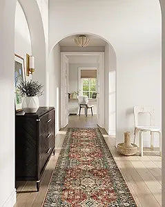 Lahome Oriental Hallway Runner Rug, 2.5x10 Washable Runner Ultra-Thin Hallway Rug for Bedroom Entryway, Soft Long Carpet for Kitchen Bathroom Laundry Room Eleanor, Brick Red