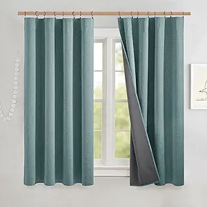 NICETOWN Skylark Blue 100% Blackout Short Curtains 63" Long for Kitchen, Burlap Linen Blend Drapes with Thermal Insulated Grey Liner, Keeping Out Cold Air and Heat Panels (Set of 2, 52" Width)