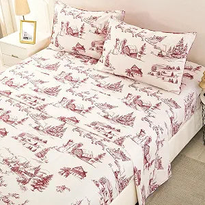 Yiran Christmas Sheet Set King, 4 Piece Christmas Deer and Tree Bed Sheet