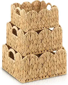 3 Pack Scalloped Edge Basket Hand Woven Wicker Storage Baskets Rattan Baskets with Handles for Organizing and Storage