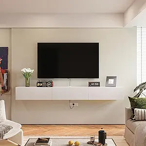 FurniNova Floating TV Stand with 3 Doors,Modern Floating TV Console Cabinet with Storage,Plywood Floating TV Shelf, Wall Mount TV Stand with Cable Holes for up to 50 Inch TVs, 47IN White