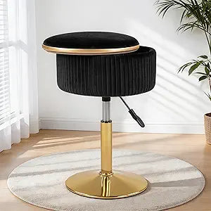 LITZFUR Adjustable Vanity Stool with Storage, 360 Swivel Vanity Chair, Velvet Small Round Ottoman Footrest for Bathroom, Makeup Room, Black