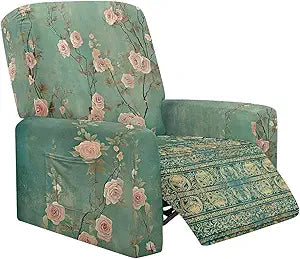 Talayituse Vintage Rose Flower Pattern Recliner Slipcovers 4-Pieces Recliner Chair Covers Lazy Boy Chair Covers Stretch Recliner Couch Covers Fitted Non Slip Furniture Protector with Pocket