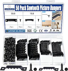 50 Pack Sawtooth Picture Hangers Small & Heavy-Duty Wall Hanging Kit, 2 Sizes for Photo Frames, Art, Paintings, Canvas Hooks, and Picture Hanging Hardware