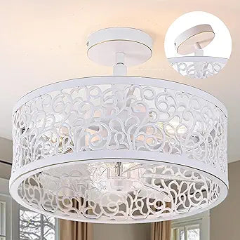 COCOSTAR Small Farmhouse Ceiling Fan with Light and Remote/APP, 15in White Caged Fandelier with Lights for Kitchen, Bedroom4 Speed, Timing