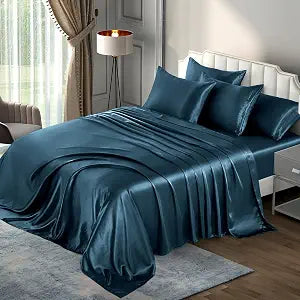P Pothuiny 6 Pieces King Satin Sheets Luxury Silky Navy Blue Satin Bedding Sheet Set, 1 Deep Pocket Fitted Sheet + 1 Flat Sheet + 4 Pillow Cases