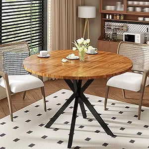 DKLGG Walnut Round Dining Table, Mid-Century Modern Round Dining Table for 4-6 Person, 39" Coffee Table with Metal Black Legs for Cafe/Bar Kitchen Dining Office, Save Space (Only Table)