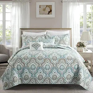 Home Soft Things Tivoli Ikat Queen Size 90" x 90" 5 Piece Teal Aqua Printed Prewashed Quilted Coverlet Bedspread Bed Cover Set for All Season, Lightweight Quilt Blanket with Matching Shams Pillows