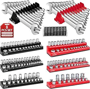 Magnetic Socket Organizer Set, 8PCS Socket Holder, 6 Socket Trays & 2 Wrench Racks, Metric & SAE Tool Box Organizer for 1/4", 3/8", 1/2" Sockets for Toolbox Storage(Socket, Wrench not Included)