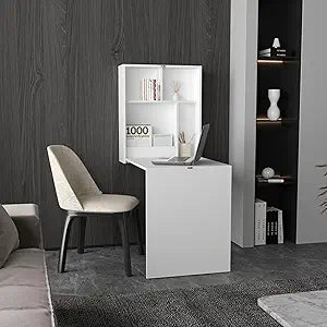 Tuhome Kaplar 33" Wide Folding Wall-Mounted Table with Four Shelves, Retractable Floating Desk, Space-Saving Foldable Workstation for Bedroom, Kitchen, Laundry Room, Office and Small Spaces