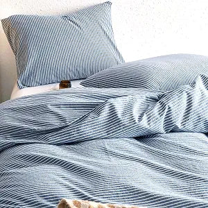 Wake In Cloud Striped Cotton Duvet Cover Set, Denim Blue, Queen