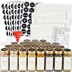 Talented Kitchen 24-Pack Glass Spice Jars - 4 Oz Square Bottles & Gold Metal Caps - Refillable Shaker & Pour Lids, 284 Preprinted Stickers - Seasoning Organizer for White & Gold Kitchen Organization