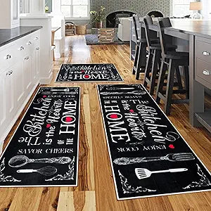 Farmhouse Kitchen Rugs 3 Piece Set, Washable Non-Slip Area Rugs and Mats, Rustic Runner Carpets for Kitchen Floors, Laundry Rooms and Hallways (Black, 20"x32"+20"x47"+20"x59")