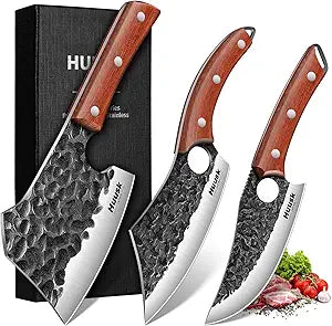Huusk Butcher Knife Set of 3 - Full Tang Meat Cleaver Knife Set for Meat Processing, Hand Forged Viking Knives Sets with Bone Axe, Heavy-Duty Kitchen Knives Sets for Outdoor BBQ Cooking, Gifts for Men