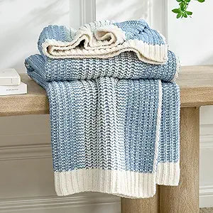 Amlie Home Premium Chenille Throw Blanket, Soft Cozy Luxury Two-Tone Knit Blanket for Couch, Sofa, Chair, Home Decor, Blue & Ivory 50"x60"