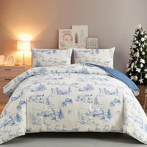 Yiran Blue Christmas Comforter Set King,Christmas Tree Snowman Bedding