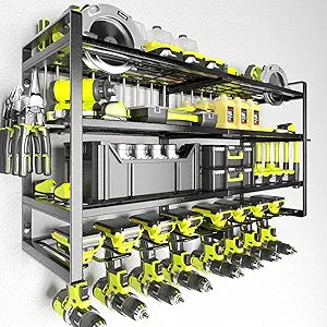 KAFAHOM Power Tool Organizer-8 Drill Holder Wall Mount,4 Layer Heavy Duty Metal Power Tool Storage Rack,Garage Tool Organizer and Storage with Screwdriver Holder/Plier Holder/Hammer Holder
