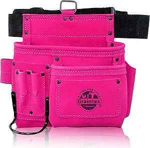 Graintex 5 Pocket Suede Leather Tool Belt/Bag | Pink | Multipurpose Leather Tool Belt for Women and Men | Construction, Electrician, Handymen, Carpenter, Gardening Pouch and DIY Projects