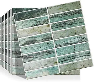 Joysticky 10-Sheet Peel and Stick Backsplash, 12" * 12" Crystal Texture Stick on Tiles Backsplash for Kitchen & BathroomThicker Design Peel and Stick Wall TilesGreenstone Pattern