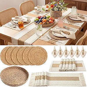 6 Sets Boho Kitchen Decor,Table Setting Decor with Round Woven,Rectangular Boho,Wooden Bead Napkin Rings,Cloth Napkins,Table Runner & Storage Basket,Natural Burlap Cotton for Kitchen Dining Table Home