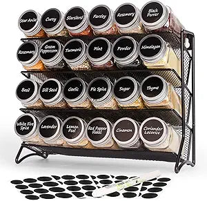 DIDITIME Spice Rack Organizer with 24 Glass Jars and 60 Labels, 4-Tier Seasoning Organizer for Cabinet, Countertop, Pantry or Wall Mount, Rust-Resistant Carbon Steel Spice Jar Set with Marker