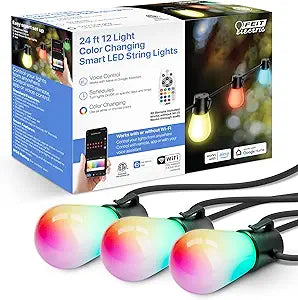Feit Electric 24ft Smart Outdoor String Lights, 12 Socket Color Changing Works with Alexa/Google Assistant, Heavy Duty and Weather Resistant - Frosted Bulb - LVSL24-12/RGBW/AG
