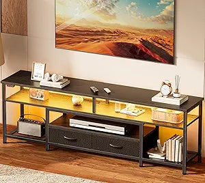 Huuger 63 Inch LED TV Stand for 65 70 Inch TV, Entertainment Center with Open Shelves and Power Outlets, TV Console for Living Room, Media Console with Drawers, Black