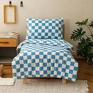 Checkered Toddler Bedding Set 4 Piece, Blue White Checkerboard Toddler Comforter Set for Boys Girls, Soft Breathable Kids Bedding Includes Comforter, Fitted Sheet, Flat Sheet and Pillowcase
