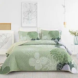 Yiran Floral Quilt Set Queen Sage Green Botanical Bedspreads Bedding Set
