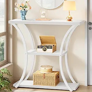 Hoctieon 3 Tier Console Table with Open Wood Shelves, Decorative Entryway Table with Curved Metal Frames, Narrow Sofa Table for Entrance, Living Room, Hallway, White