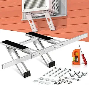 Air Conditioner Bracket No Drill: Heavy Duty Holder with Bubble Level for 350lbs AC Units, Adjustable Width, No Tools Needed, Fits Single & Double Hung Windows, 5000-24000 BTU Coverage
