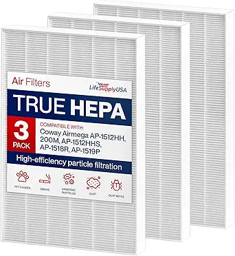 3304899 True Hepa Filter Replacement Compatible with Coway Airmega AP-1512HH, 200M, AP-1512HHS, AP-1518R, AP-1519P -True HEPA + Activated Carbon Filters by LifeSupplyUSA (3-Pack)