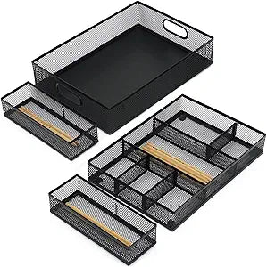 Neudeco Desk Drawer Organizer, 4 Pack Metal Mesh Drawer Organizer Set with Adjustable Dividers, Stackable Pen Organizer for Desk Drawer, Office Supplies Organizer, Black
