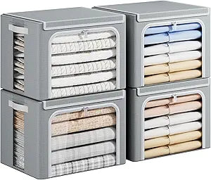 Yecaye Clothes Storage Bins with Metal Frame, Foldable Clothing Storage Bin with Lid, Stackable Oxford Fabric Organizer Box With Clear Window & Zippers & PU Leather Handles (4 Pack,Grey,40L)