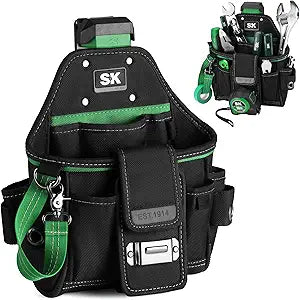 SK Tool Pouch with Belt Clip, Electrician Tool Pouch with Tape Measure Holder, Back Panel & Tape Strap, Multi-Pocket Tool Belt Pouch for Electric Work, Machine Repair and Carpentry