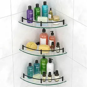 Glass Corner Shelf for Bathroom Corner Shelf, 3 Pack Tempered Glass Shelf with Electroplating Black Metal RailsSuitable for Bathroom