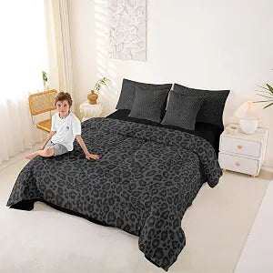 Leopard Print 7 Pieces Bed Sets,Gray Black Wild Animal Skin Comforter Set All Season,African Cheetah Wildlife Bedding Set with 1 Comforter,2 Sheets,2 Pillowcases and 2 Pillow Covers,Queen Size