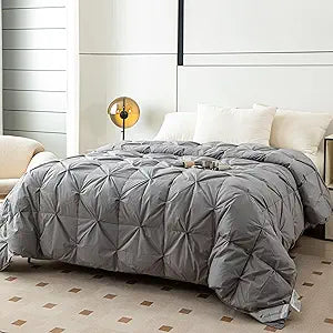 Pinch Pleat Down Feather Comforter, All Season Medium Warmth Ultra-Soft 750 Fill-Power, Grey Bedding Down Feathers Duvet Inserts with 8 Tabs, Queen Size(90x90inch)