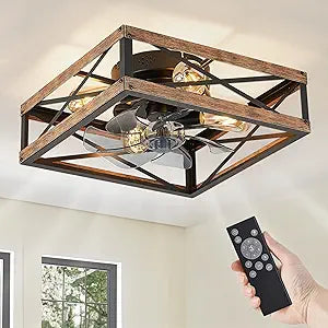 LEDIARY Caged Low Profile Ceiling Fans with Lights and Remote, Rustic Square Flush Mount Ceiling Fan, 6 Speed and Reversible, Small Farmhouse Bladeless Ceiling Fan for Bedroom, Kitchen, Dining Room
