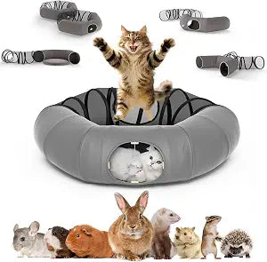COZIWOW Cat Tunnel Bed for Indoor Cats, 2-in-1 with Splicing Design & Dual Material Cushion, Adjustable & Foldable Shape, Cat Donut Tunnel with Washable Cushion for Kitten/Bunnies(Grey)
