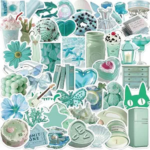 50 Pcs Teal Y2K Aesthetic Stickers for Scrapbooking, Journaling, Laptop Cute Mint Green and Pastel Blue Vinyl Sticker Pack for Teens, Girls, Water Bottles, Notebooks, Art Crafts and Gifts