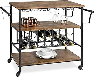 Best Choice Products 45in Industrial Wood Shelf Bar & Wine Storage Service Cart Trolley w/ 14 Bottle & 18 Glass Racks, Locking Caster Wheels