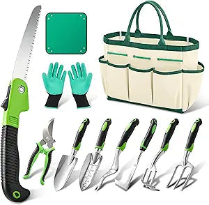 Garden Tool Set Gardening Tools - Heavy Duty Aluminum Tool Kit with Non-Slip Handle, Gardening Gloves and Tool Bag for Weeding, Planting and Pruning, Gifts for Women Mom (Green Set)