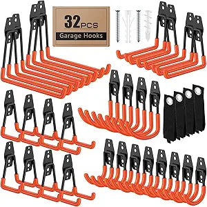32 Pack Garage Hooks with Anti-Slip Coating Heavy Duty Wall Mount Hooks for Garage Storage and Hanging Hoses Bike Garden Tools Ropes etc