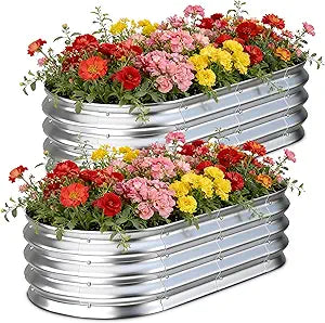 Galvanized Raised Garden Bed Outdoor, 4x2x1ft(2Pack) Metal Heavy Duty Planter Boxes for Gardening, Easy Assemble Bottomless Small Oval Plant Container Kit for Vegetable, Flower, Fruit, Silver