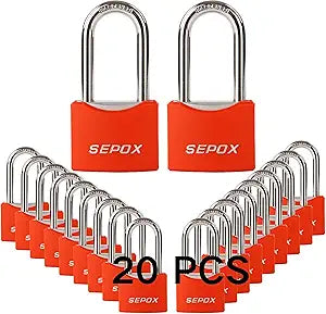 SEPOX 20Pcs All-Weather Outdoor Padlocks Key Alike, 1-5/8" Long Shackle, Solid Steel Lock, Heavy-Duty with Red Cover, Compact Design for Gate Fence Cabinet Toolbox School Gym Locker w/ 20pcs Same Key