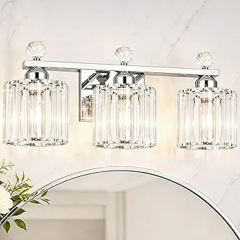 Lxybcce Modern Crystal Bathroom Vanity Light, 3-Lights Bathroom Light Fixtures, 19.34In Chrome Vanity Light Fixtures Over Mirror, Easy Installation & Dimmable Lighting